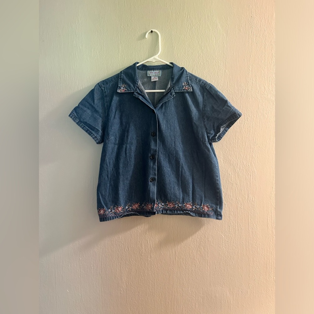 embroidered denim button down top